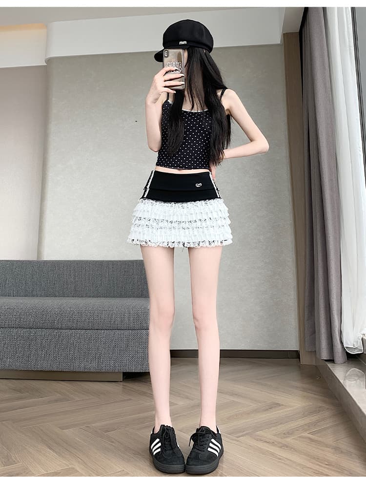 실사 2026 새로운 여름 달콤한 스타일 레이스 조각 배색 하이웨이스트 케이크 반신 미니 스커트 여성 여름 상세 이미지 37