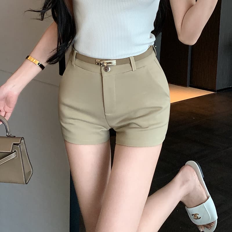 실사 오래된 돈 바람 다용도 섹션 벨트 반바지 여성 여름 핫걸 고급 센스 슬림해 보이는 캐주얼 카키 색 핫 바지 이미지 3