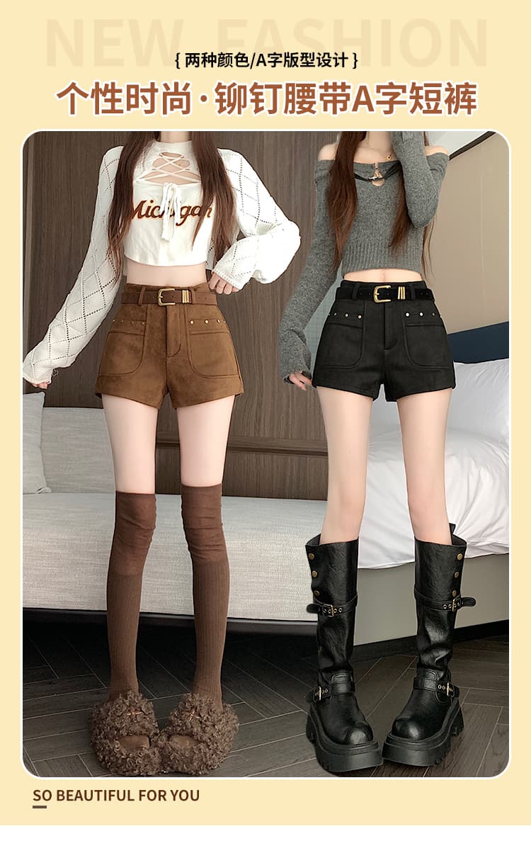 실사 아메리칸 레트로 디자인 센스 스웨이드 원단 워크웨어 반바지 여성 가을 겨울 2026 새로운 하이웨이스트 검정색 핫 바지 상세 이미지 1