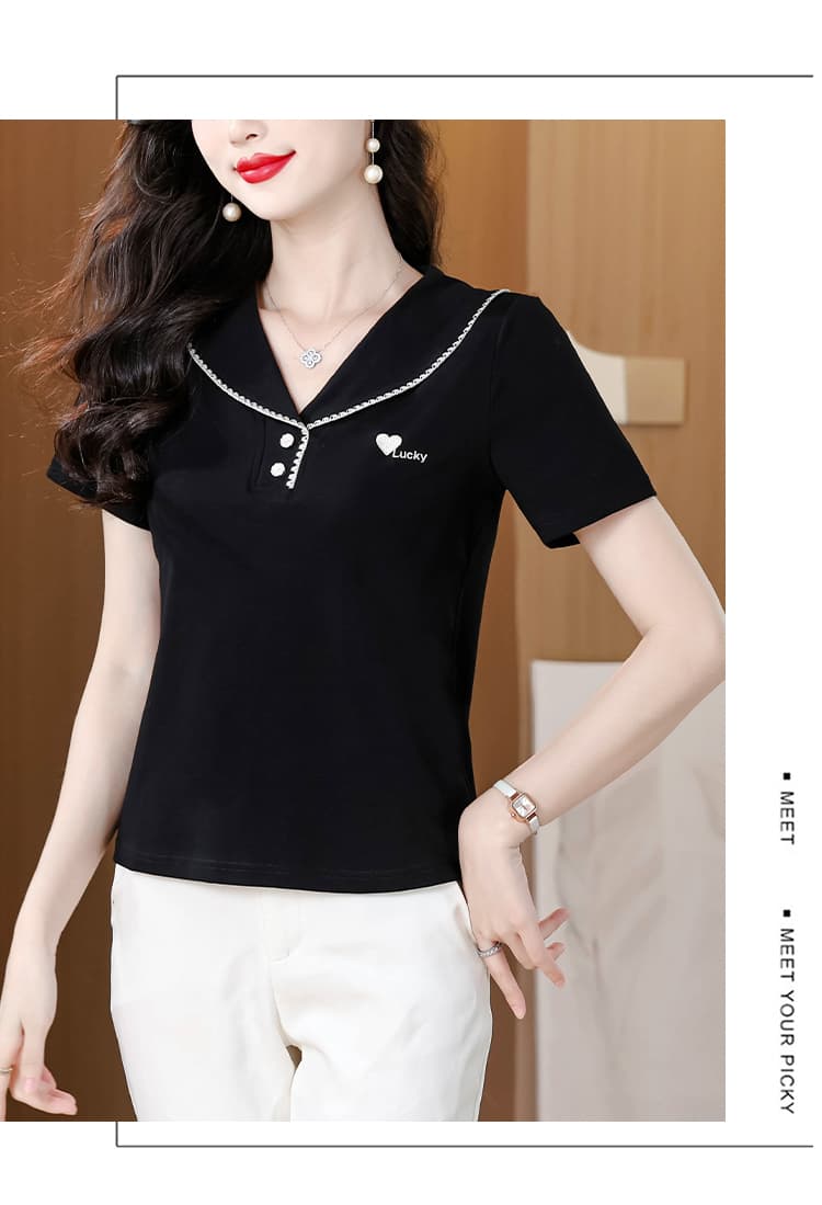 패션 배색 해군 칼라 반팔 티셔츠 여성 여름 드레스 2026 새로운 긍정적 인 어깨 슬림해 보이는 Chic 외국 가스 연령 감소 맨위 상세 이미지 13