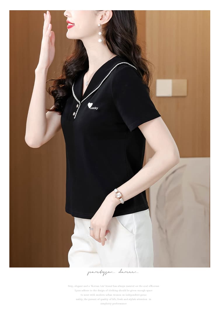 패션 배색 해군 칼라 반팔 티셔츠 여성 여름 드레스 2026 새로운 긍정적 인 어깨 슬림해 보이는 Chic 외국 가스 연령 감소 맨위 상세 이미지 14