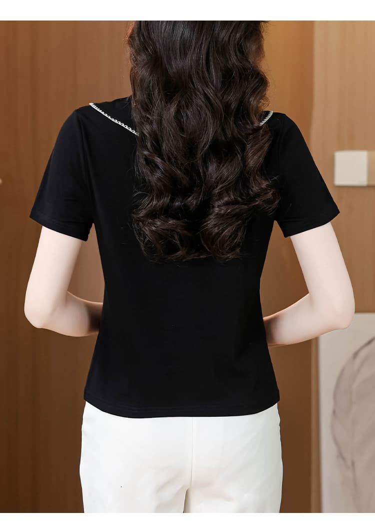 패션 배색 해군 칼라 반팔 티셔츠 여성 여름 드레스 2026 새로운 긍정적 인 어깨 슬림해 보이는 Chic 외국 가스 연령 감소 맨위 상세 이미지 18