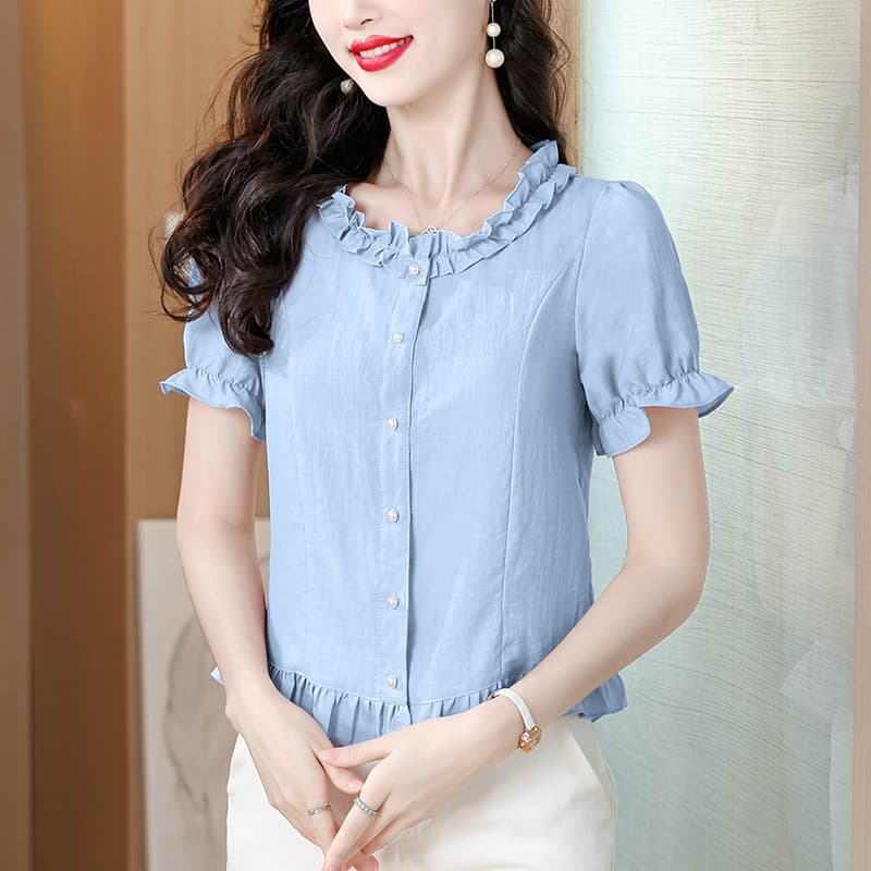 프랑스식 보라색 라운드 넥 반팔 여성 셔츠 여름 2026 여름 새로운 프릴 거품 소매 셔츠 짧은 맨위 이미지 5