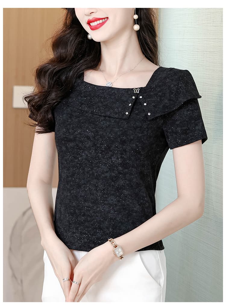 검정색 2026 새로운 패션 광장 칼라 반팔 티셔츠 여성 여름 디자인 센스 작은 셔츠 외국 가스 여성 동정 맨위 상세 이미지 14