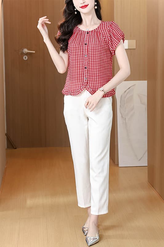 프릴 라운드 넥 체크무늬 반팔 셔츠 여름 새로운 다용도 x 패션 외국 가스 루즈핏 얇은 스타일 연령 감소 맨위 이미지 7