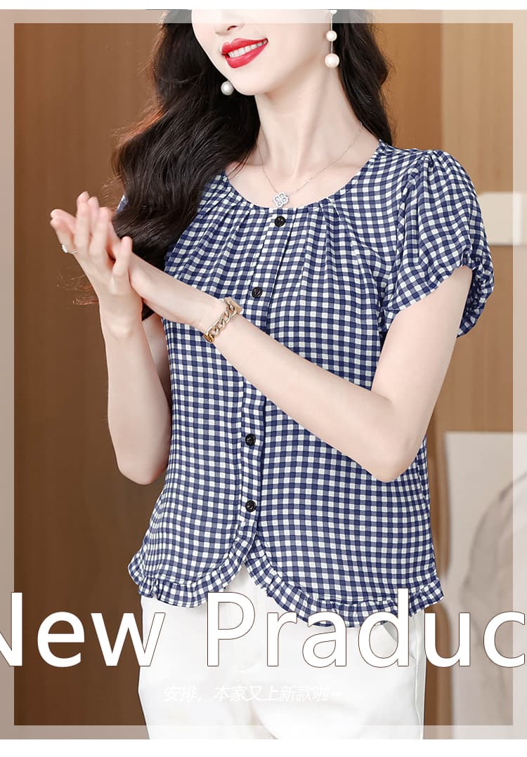 프릴 라운드 넥 체크무늬 반팔 셔츠 여름 새로운 다용도 x 패션 외국 가스 루즈핏 얇은 스타일 연령 감소 맨위 상세 이미지 4