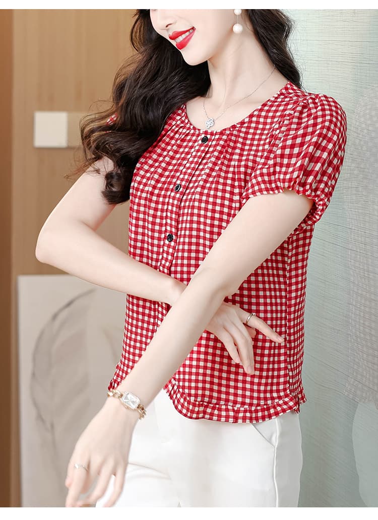프릴 라운드 넥 체크무늬 반팔 셔츠 여름 새로운 다용도 x 패션 외국 가스 루즈핏 얇은 스타일 연령 감소 맨위 상세 이미지 14