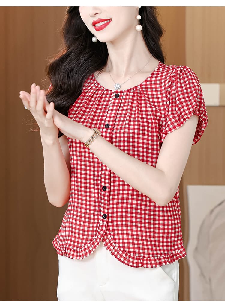 프릴 라운드 넥 체크무늬 반팔 셔츠 여름 새로운 다용도 x 패션 외국 가스 루즈핏 얇은 스타일 연령 감소 맨위 상세 이미지 18