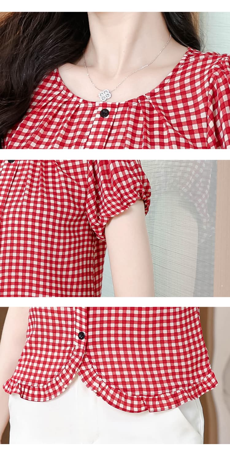 프릴 라운드 넥 체크무늬 반팔 셔츠 여름 새로운 다용도 x 패션 외국 가스 루즈핏 얇은 스타일 연령 감소 맨위 상세 이미지 29