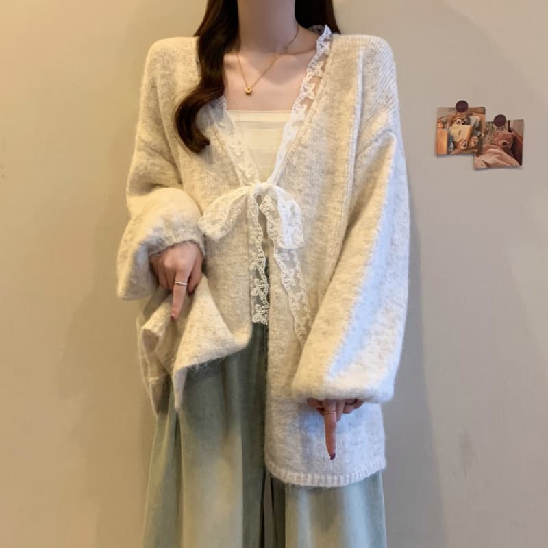 실사 빅 사이즈 여성 의류 레이스 레이스업 루즈핏 니트 오픈 가디건 스웨터 가을 겨울철 새로운 다용도 느긋한 바람 재킷 상세 이미지 4