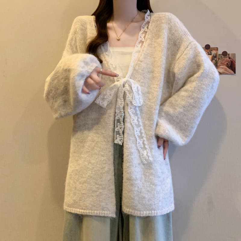 실사 빅 사이즈 여성 의류 레이스 레이스업 루즈핏 니트 오픈 가디건 스웨터 가을 겨울철 새로운 다용도 느긋한 바람 재킷 상세 이미지 6