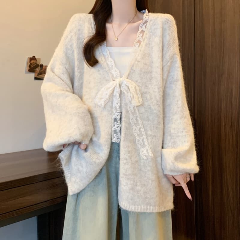 실사 빅 사이즈 여성 의류 레이스 레이스업 루즈핏 니트 오픈 가디건 스웨터 가을 겨울철 새로운 다용도 느긋한 바람 재킷 상세 이미지 12