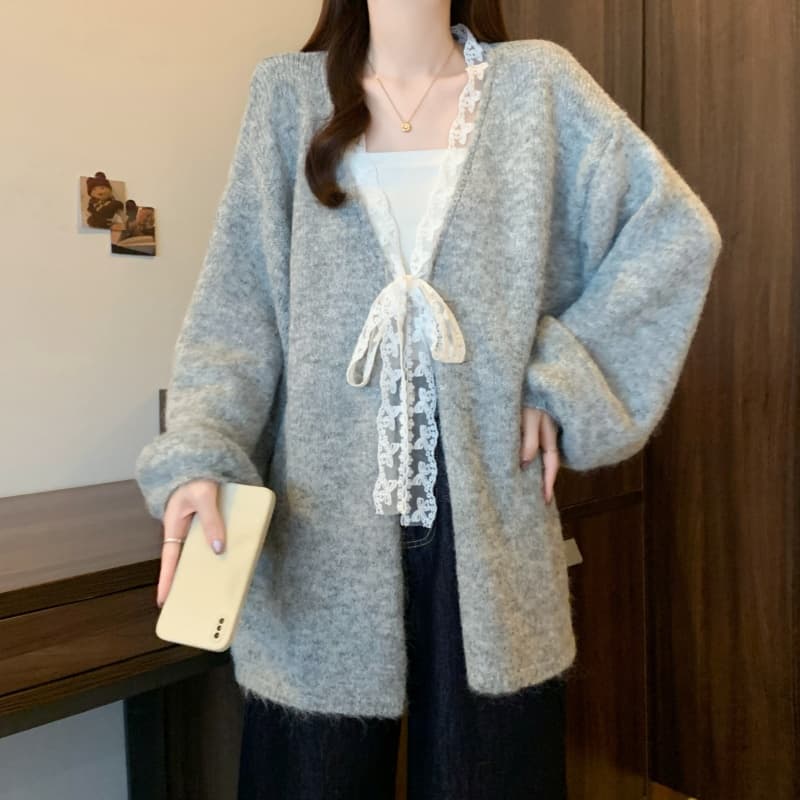 실사 빅 사이즈 여성 의류 레이스 레이스업 루즈핏 니트 오픈 가디건 스웨터 가을 겨울철 새로운 다용도 느긋한 바람 재킷 상세 이미지 17