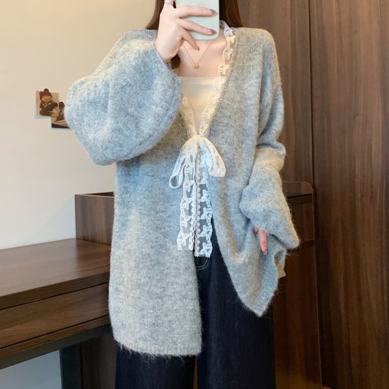 실사 빅 사이즈 여성 의류 레이스 레이스업 루즈핏 니트 오픈 가디건 스웨터 가을 겨울철 새로운 다용도 느긋한 바람 재킷 상세 이미지 21