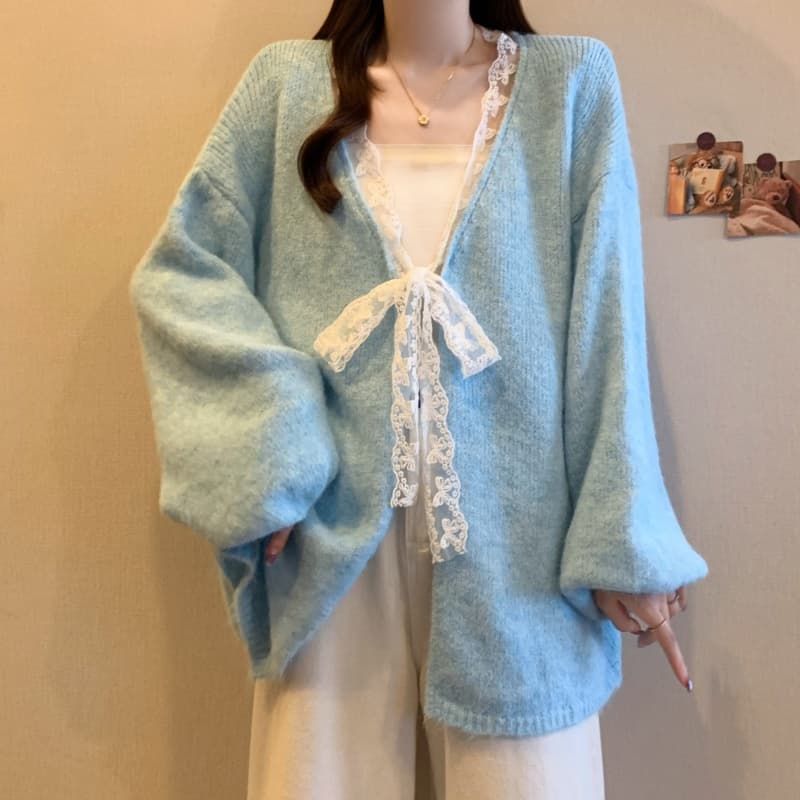 실사 빅 사이즈 여성 의류 레이스 레이스업 루즈핏 니트 오픈 가디건 스웨터 가을 겨울철 새로운 다용도 느긋한 바람 재킷 상세 이미지 24