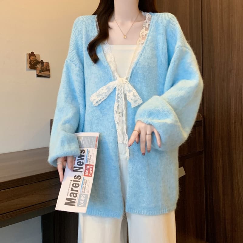 실사 빅 사이즈 여성 의류 레이스 레이스업 루즈핏 니트 오픈 가디건 스웨터 가을 겨울철 새로운 다용도 느긋한 바람 재킷 상세 이미지 27