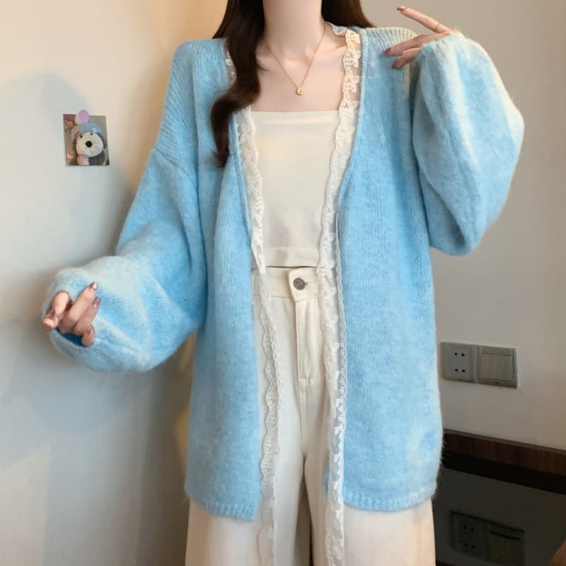 실사 빅 사이즈 여성 의류 레이스 레이스업 루즈핏 니트 오픈 가디건 스웨터 가을 겨울철 새로운 다용도 느긋한 바람 재킷 상세 이미지 31