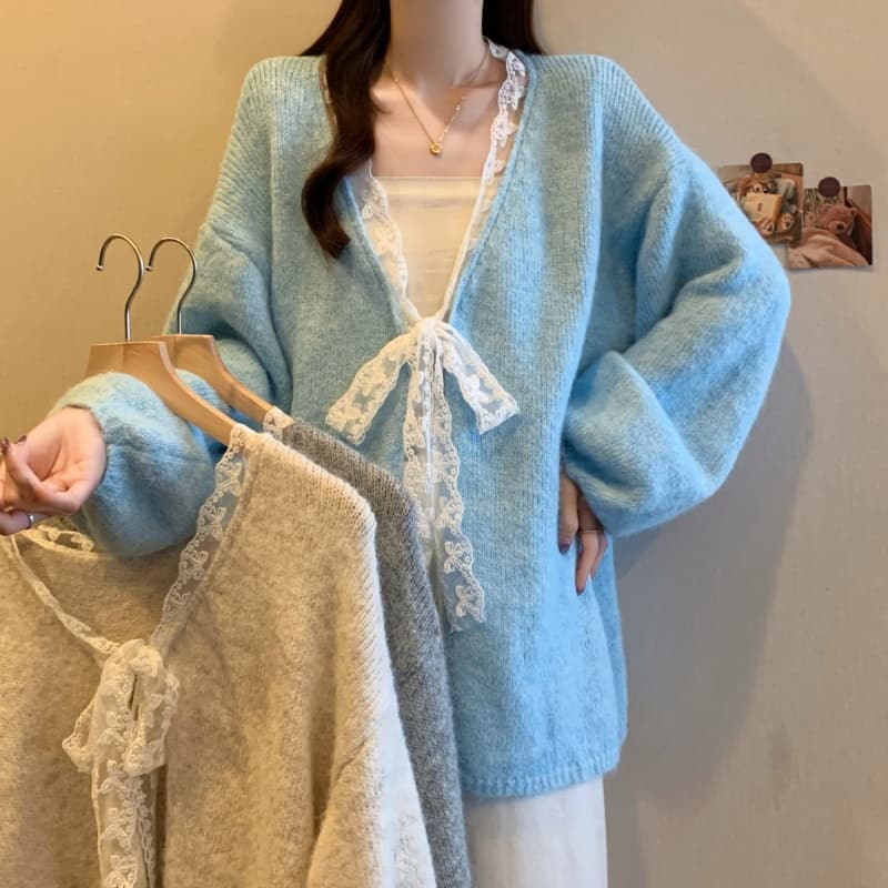 실사 빅 사이즈 여성 의류 레이스 레이스업 루즈핏 니트 오픈 가디건 스웨터 가을 겨울철 새로운 다용도 느긋한 바람 재킷 이미지 2