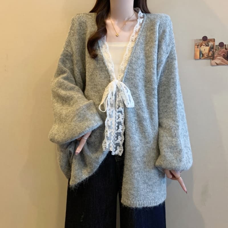 실사 빅 사이즈 여성 의류 레이스 레이스업 루즈핏 니트 오픈 가디건 스웨터 가을 겨울철 새로운 다용도 느긋한 바람 재킷 이미지 6