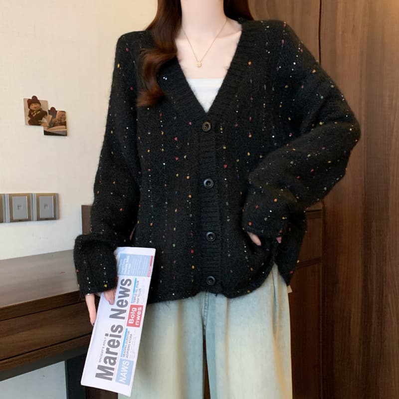 실사 빅 사이즈 여성 의류 느긋한 스팽글 V넥 니트 오픈 가디건 가을 새로운 지방 mm 루즈핏 슬림해 보이는 재킷 맨위 상세 이미지 25