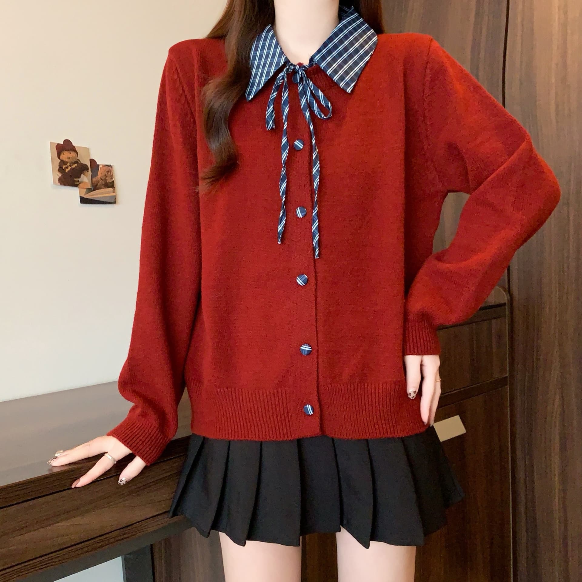 실사 빅 사이즈 해군 POLO 칼라 레이스업 체크무늬 패치워크 니트 스웨터 가을 겨울 연령 감소 학원 스타일 스웨터 맨위 상세 이미지 4