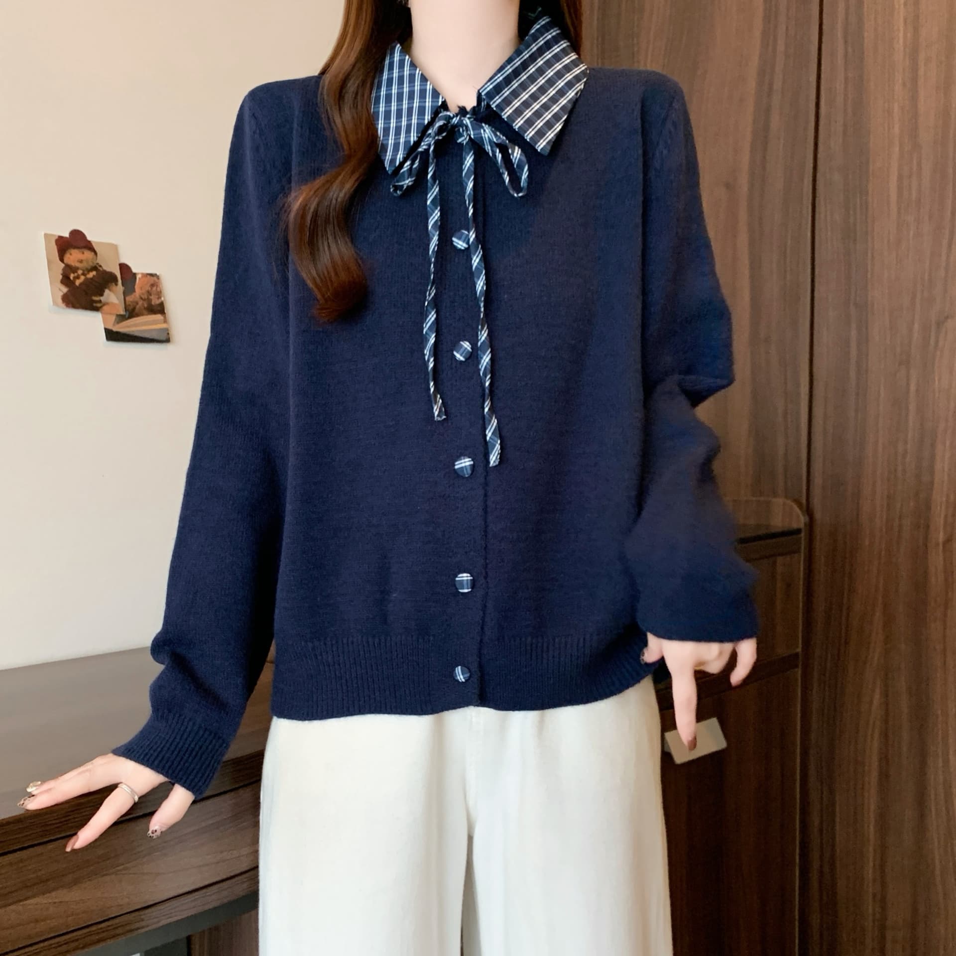 실사 빅 사이즈 해군 POLO 칼라 레이스업 체크무늬 패치워크 니트 스웨터 가을 겨울 연령 감소 학원 스타일 스웨터 맨위 상세 이미지 20