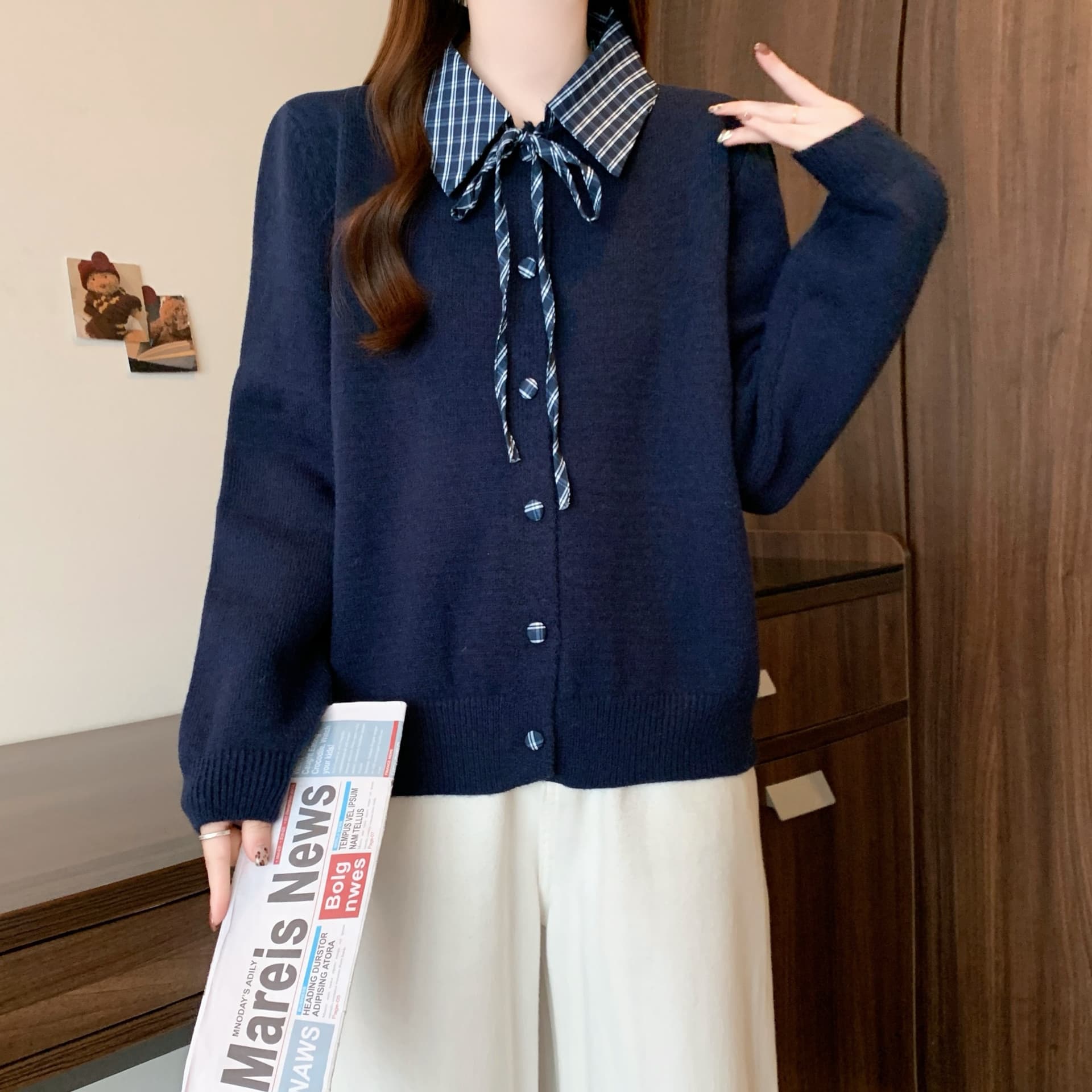 실사 빅 사이즈 해군 POLO 칼라 레이스업 체크무늬 패치워크 니트 스웨터 가을 겨울 연령 감소 학원 스타일 스웨터 맨위 상세 이미지 28