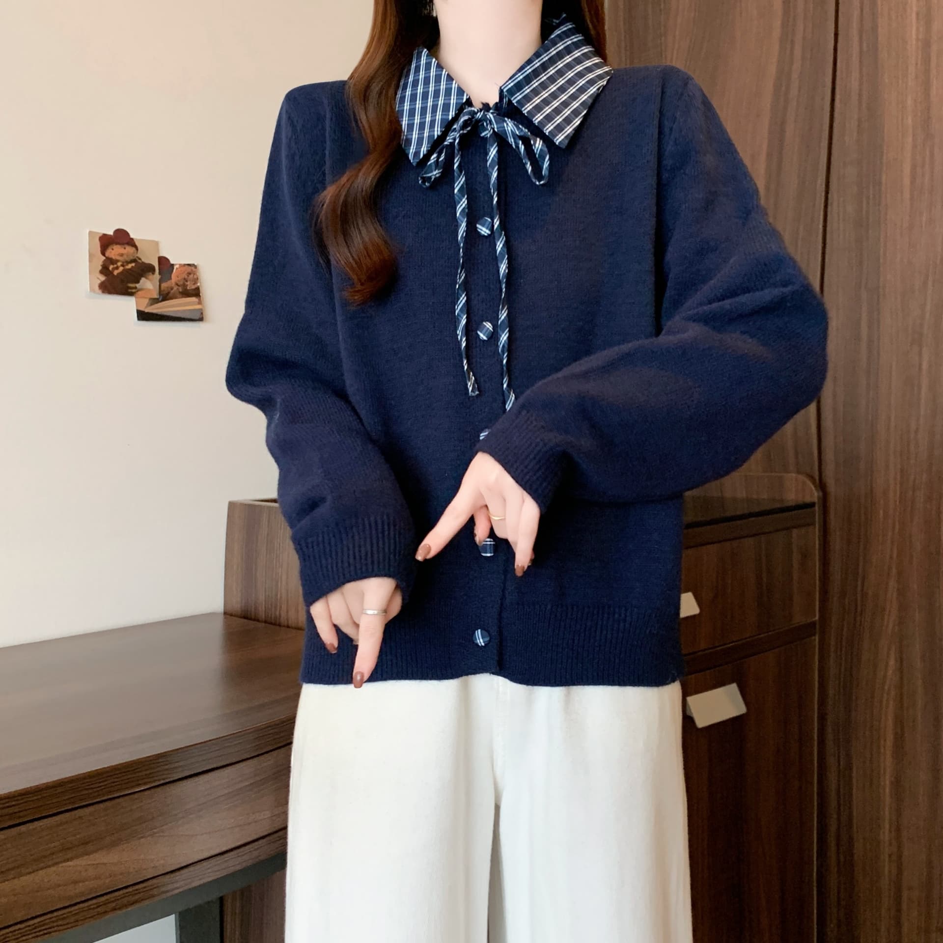 실사 빅 사이즈 해군 POLO 칼라 레이스업 체크무늬 패치워크 니트 스웨터 가을 겨울 연령 감소 학원 스타일 스웨터 맨위 상세 이미지 32