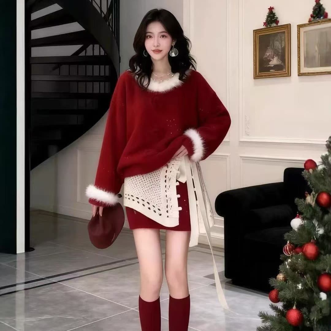 빅 사이즈 여성 의류 크리스마스 분위기 센스 착용 가져 가라. 레트로 빨간색 스웨터 연령 감소 품격 니트 미니 스커트 세 조각 세트 이미지 5