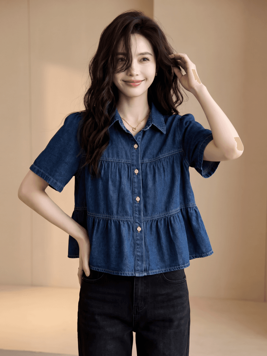 빅 사이즈 레트로 폴로 칼라 반팔 데님 여성 셔츠 루즈핏 슬림해 보이는 디자인 센스 셔츠 여름 새로운 다용도 맨위 상세 이미지 3