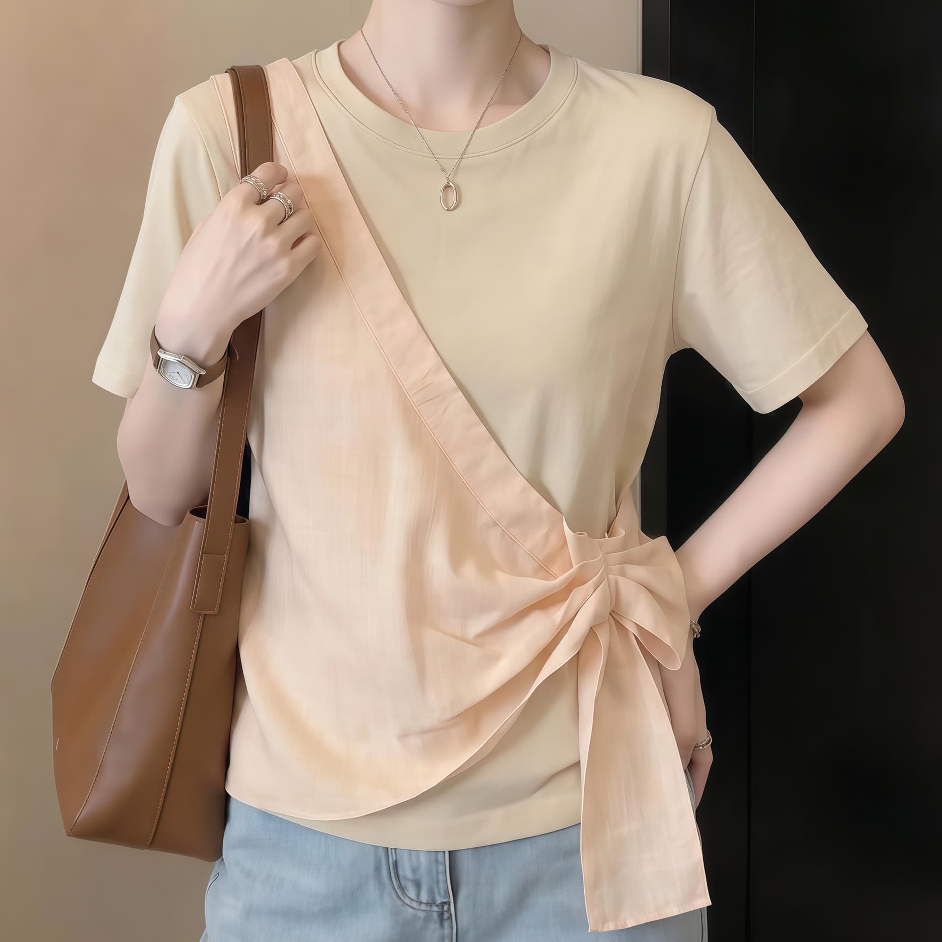 실사 빅 사이즈 여성 의류 디자인 센스 페이크 레이어드 패치워크 반팔 티셔츠 여름 새로운 불규칙 다용도 맨위 이미지 5