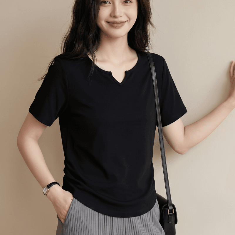 실사 정가 빅 사이즈 디자인 센스 브이넥 티셔츠 여성 지방 mm 허리 수축 주름 반팔 차가운 센스 여름 드레스 맨위 이미지 2