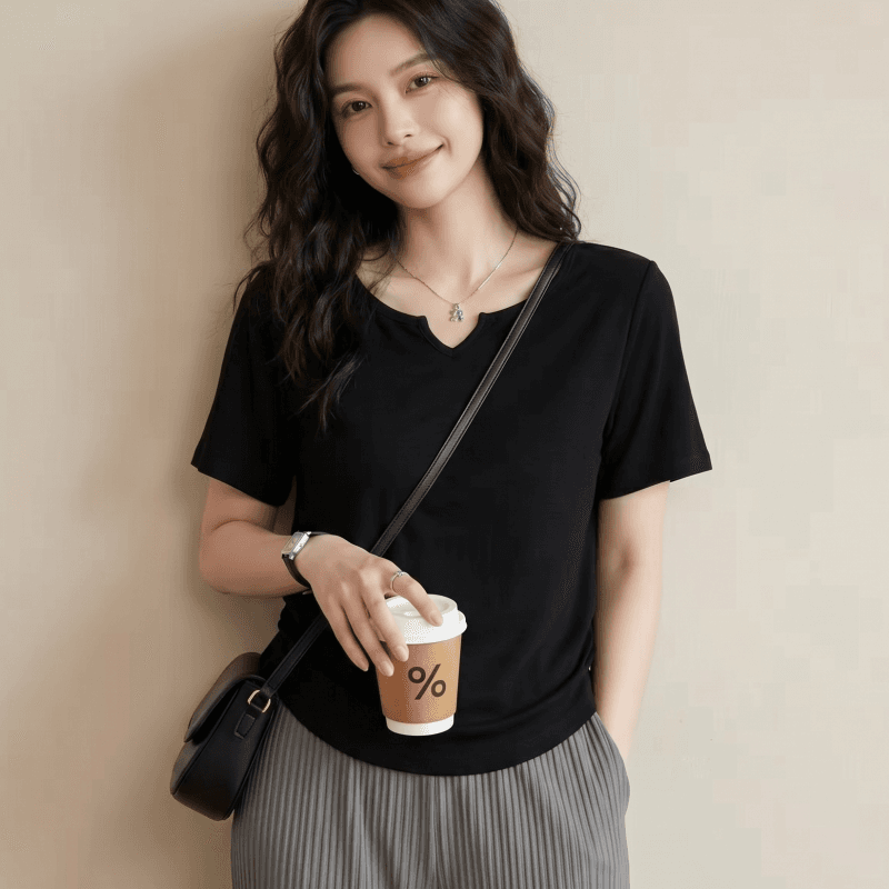 실사 정가 빅 사이즈 디자인 센스 브이넥 티셔츠 여성 지방 mm 허리 수축 주름 반팔 차가운 센스 여름 드레스 맨위 이미지 4