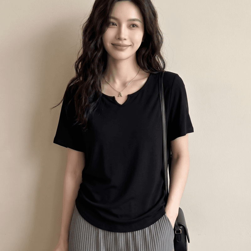 실사 정가 빅 사이즈 디자인 센스 브이넥 티셔츠 여성 지방 mm 허리 수축 주름 반팔 차가운 센스 여름 드레스 맨위 상세 이미지 7