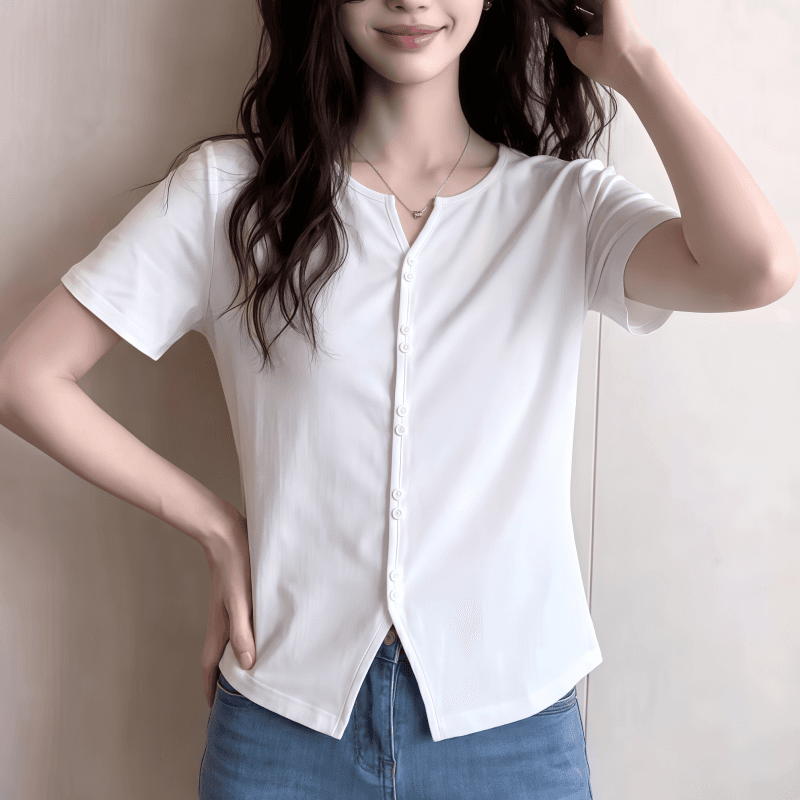 실사 빅 사이즈 여성 의류 긍정적 인 어깨 반팔 여름 새로운 티셔츠 외국 가스 슬림해 보이는 고유 한 Chic 다용도 맨위