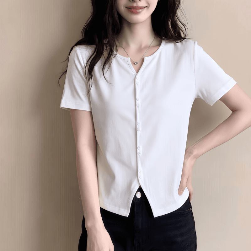 실사 빅 사이즈 여성 의류 긍정적 인 어깨 반팔 여름 새로운 티셔츠 외국 가스 슬림해 보이는 고유 한 Chic 다용도 맨위 상세 이미지 3