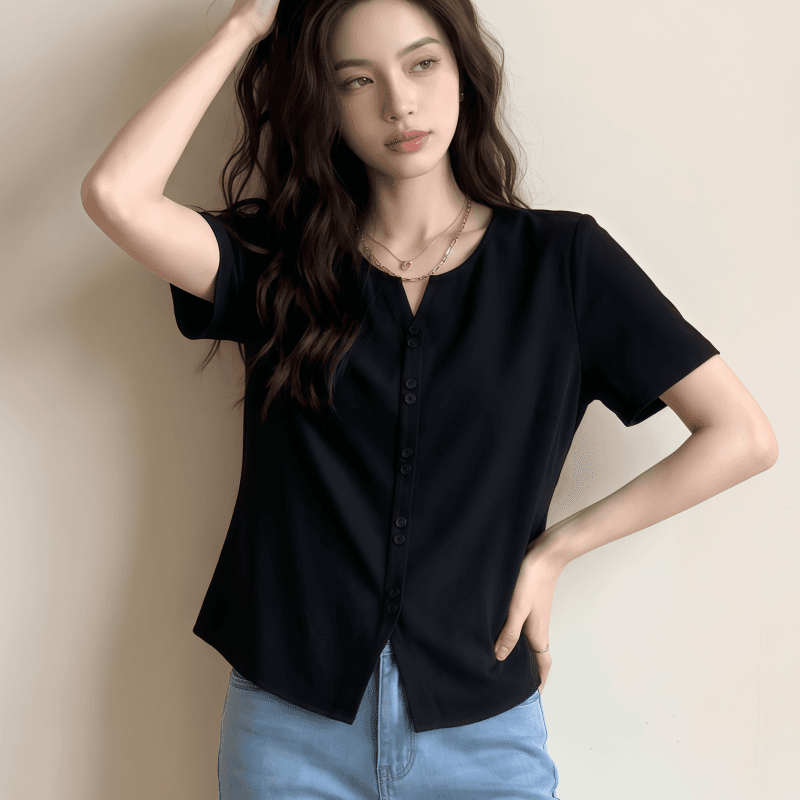실사 빅 사이즈 여성 의류 긍정적 인 어깨 반팔 여름 새로운 티셔츠 외국 가스 슬림해 보이는 고유 한 Chic 다용도 맨위 상세 이미지 5