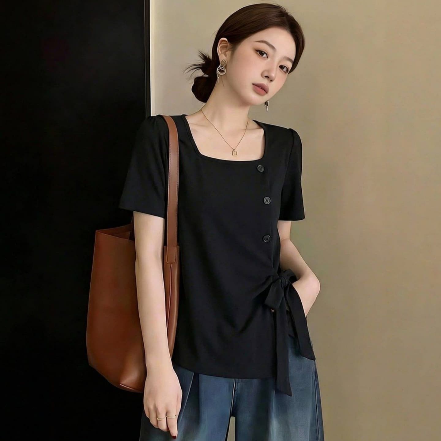 빅 사이즈 여성 의류 디자인 센스 광장 칼라 긍정적 인 어깨 반팔 티셔츠 여성 2026 여름 새로운 스트랩 허리 수축 불규칙 맨위 상세 이미지 5