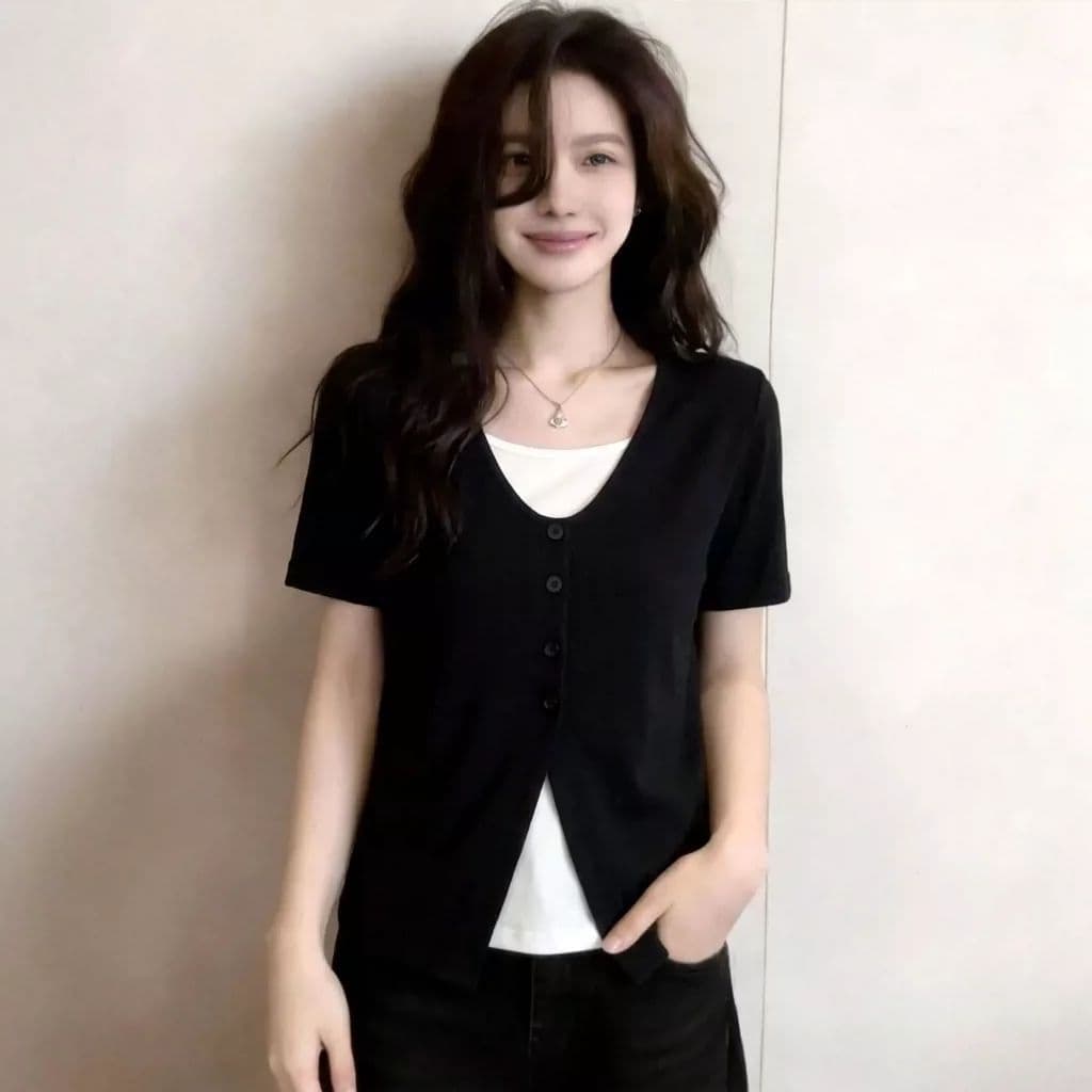 디자인 센스 페이크 레이어드 반팔 티셔츠 여성 여름 지방 mm 슬림해 보이는 배색 패치워크 연령 감소 패션 다용도 맨위 이미지 5
