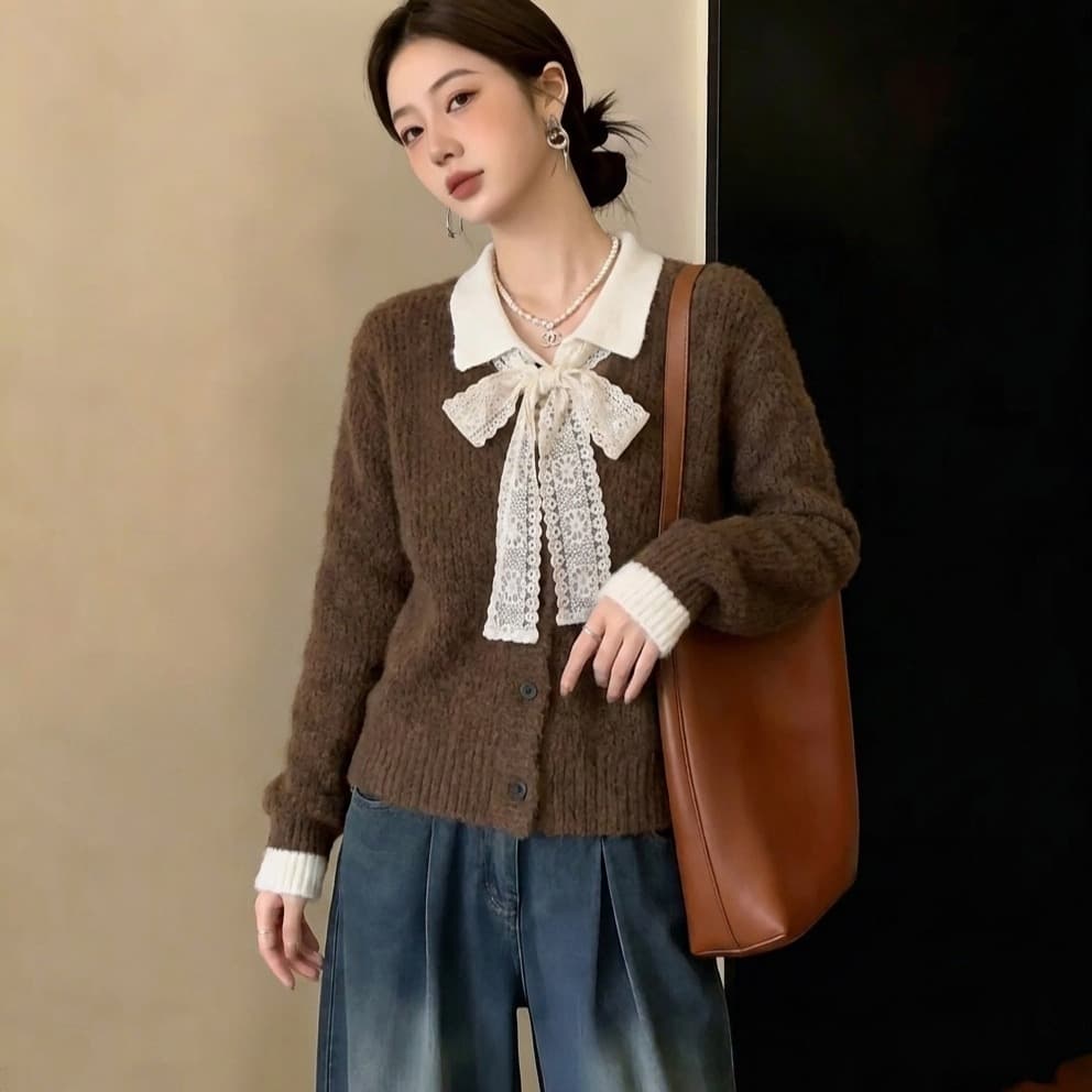 실사 빅 사이즈 여성 의류 가을 겨울 새로운 디자인 센스 커피 색상 스웨터 오픈 가디건 외국 가스 슬림해 보이는 페이크 레이어드 니트 맨위 이미지 5