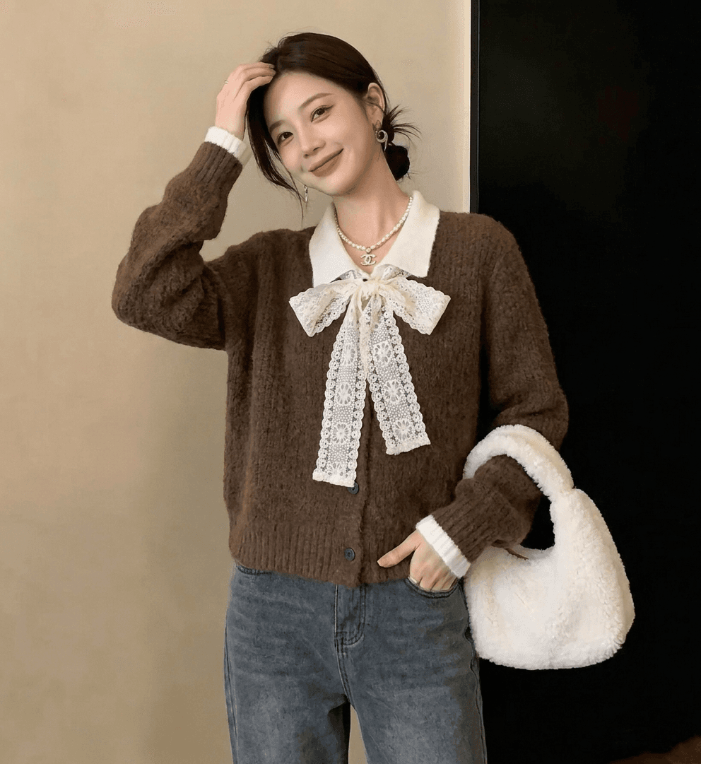 실사 빅 사이즈 여성 의류 가을 겨울 새로운 디자인 센스 커피 색상 스웨터 오픈 가디건 외국 가스 슬림해 보이는 페이크 레이어드 니트 맨위 상세 이미지 3
