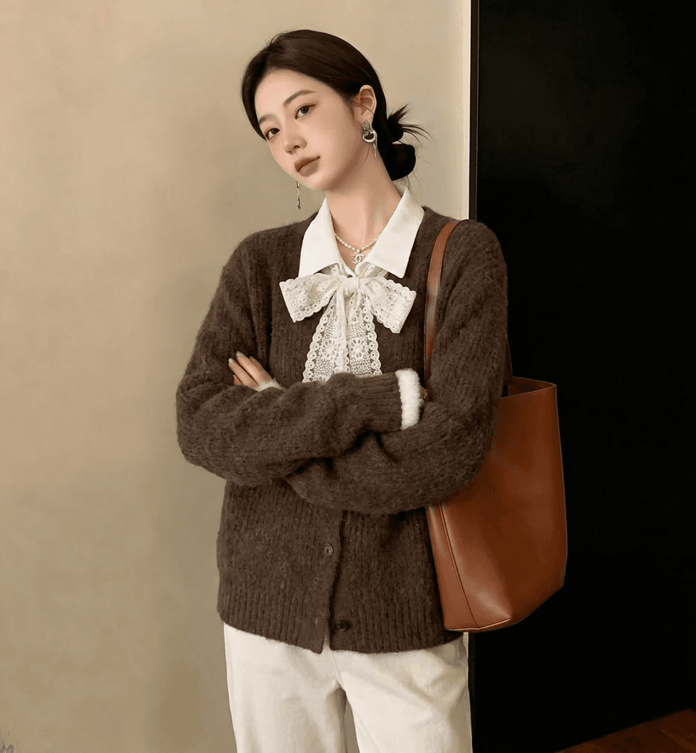 실사 빅 사이즈 여성 의류 가을 겨울 새로운 디자인 센스 커피 색상 스웨터 오픈 가디건 외국 가스 슬림해 보이는 페이크 레이어드 니트 맨위 상세 이미지 5