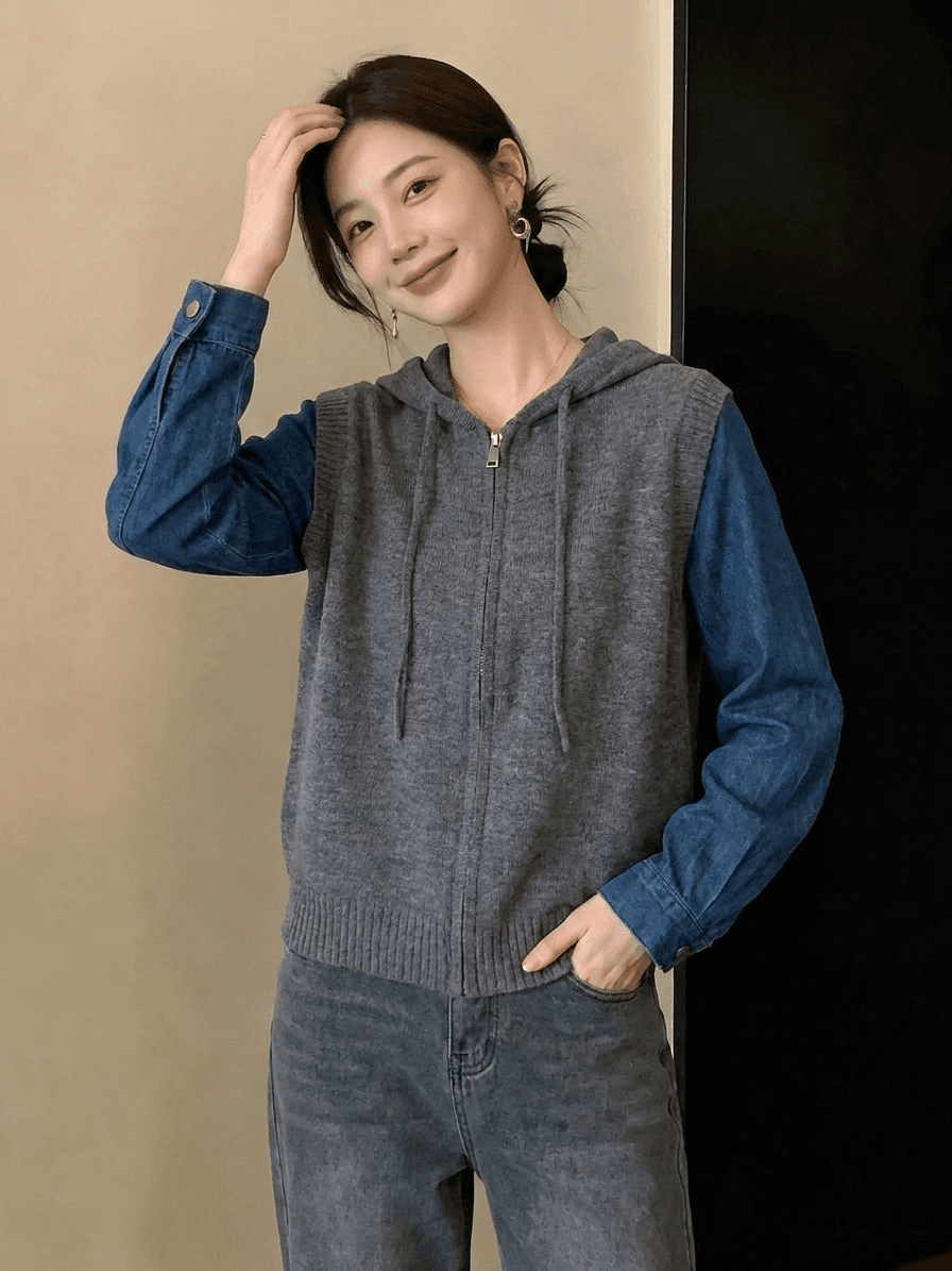 실사 빅 사이즈 패션 데님 패치워크 후드 니트 스웨터 여성 가을 겨울 새로운 디자인 센스 슬림해 보이는 스웨터 코트 상세 이미지 2