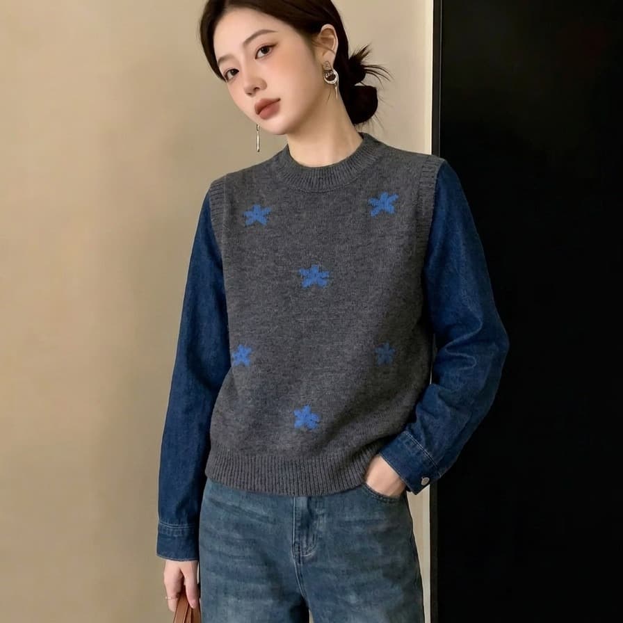 실사 빅 사이즈 패션 데님 패치워크 라운드 넥 짠 셔츠 여성 가을 겨울 새로운 디자인 센스 스웨터 슬림해 보이는 다용도 맨위 이미지 2