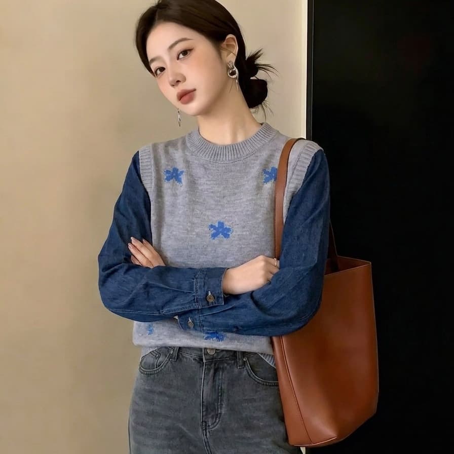실사 빅 사이즈 패션 데님 패치워크 라운드 넥 짠 셔츠 여성 가을 겨울 새로운 디자인 센스 스웨터 슬림해 보이는 다용도 맨위 이미지 5
