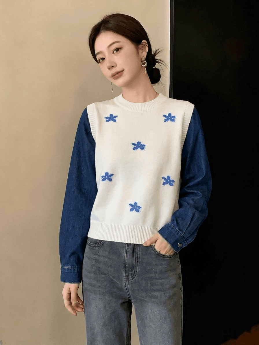 실사 빅 사이즈 패션 데님 패치워크 라운드 넥 짠 셔츠 여성 가을 겨울 새로운 디자인 센스 스웨터 슬림해 보이는 다용도 맨위 상세 이미지 7