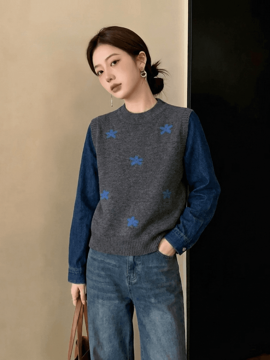 실사 빅 사이즈 패션 데님 패치워크 라운드 넥 짠 셔츠 여성 가을 겨울 새로운 디자인 센스 스웨터 슬림해 보이는 다용도 맨위 상세 이미지 8