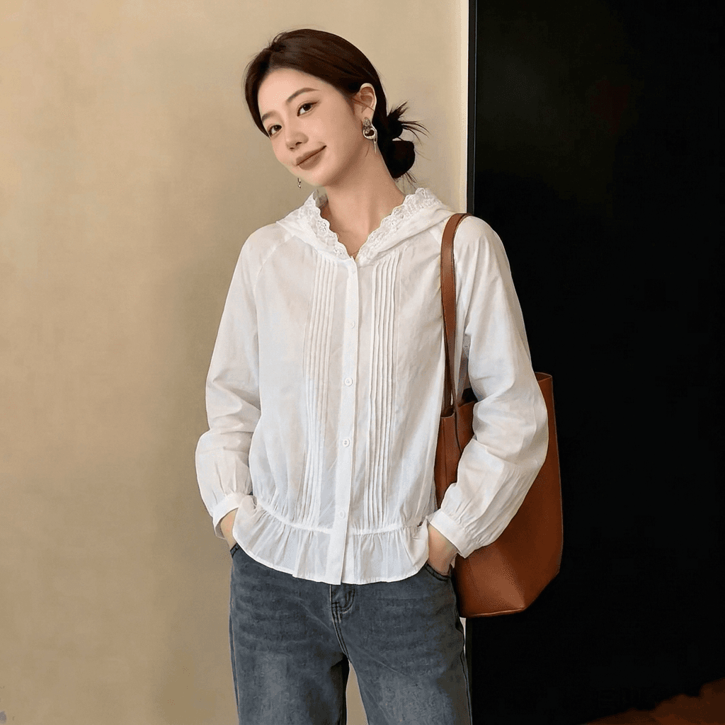 실사 빅 사이즈 디자인 센스 레이스 후드 화이트 여성 셔츠 가을 새로운 외국 가스 셔츠 슬림해 보이는 다용도 맨위 이미지 2
