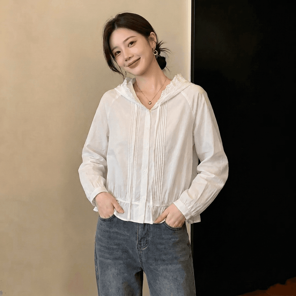 실사 빅 사이즈 디자인 센스 레이스 후드 화이트 여성 셔츠 가을 새로운 외국 가스 셔츠 슬림해 보이는 다용도 맨위 이미지 4