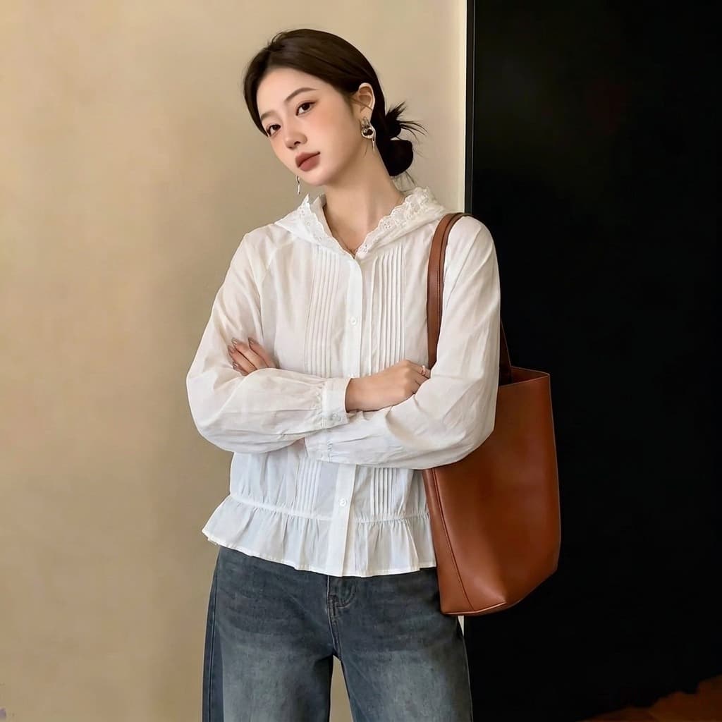 실사 빅 사이즈 디자인 센스 레이스 후드 화이트 여성 셔츠 가을 새로운 외국 가스 셔츠 슬림해 보이는 다용도 맨위